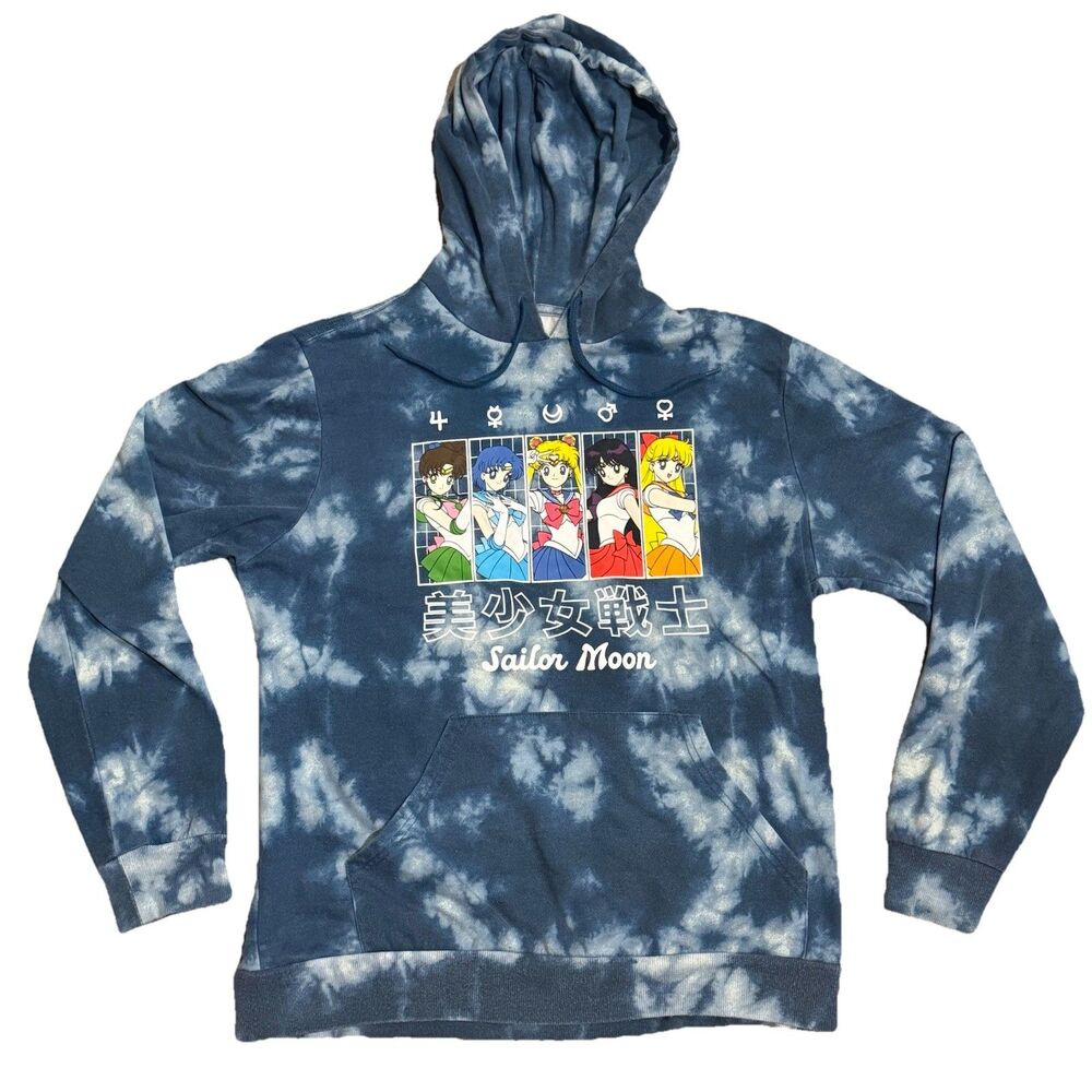 Sailor Moon Women Hoodie M Blue Graphic Print Fleece Anime Tie-Dye Whimsical